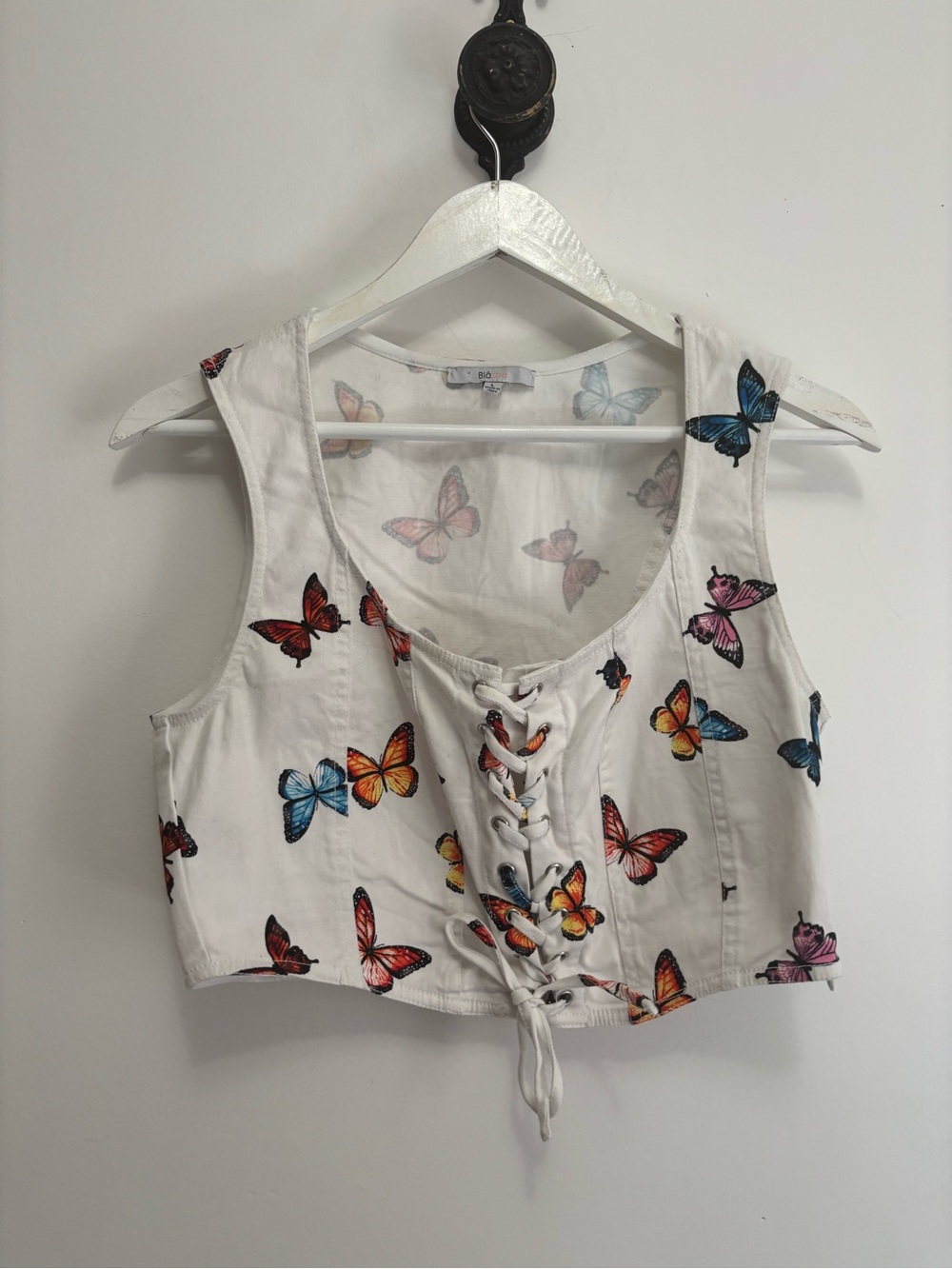 White Butterfly Lace-Up Cropped Corset Style Top